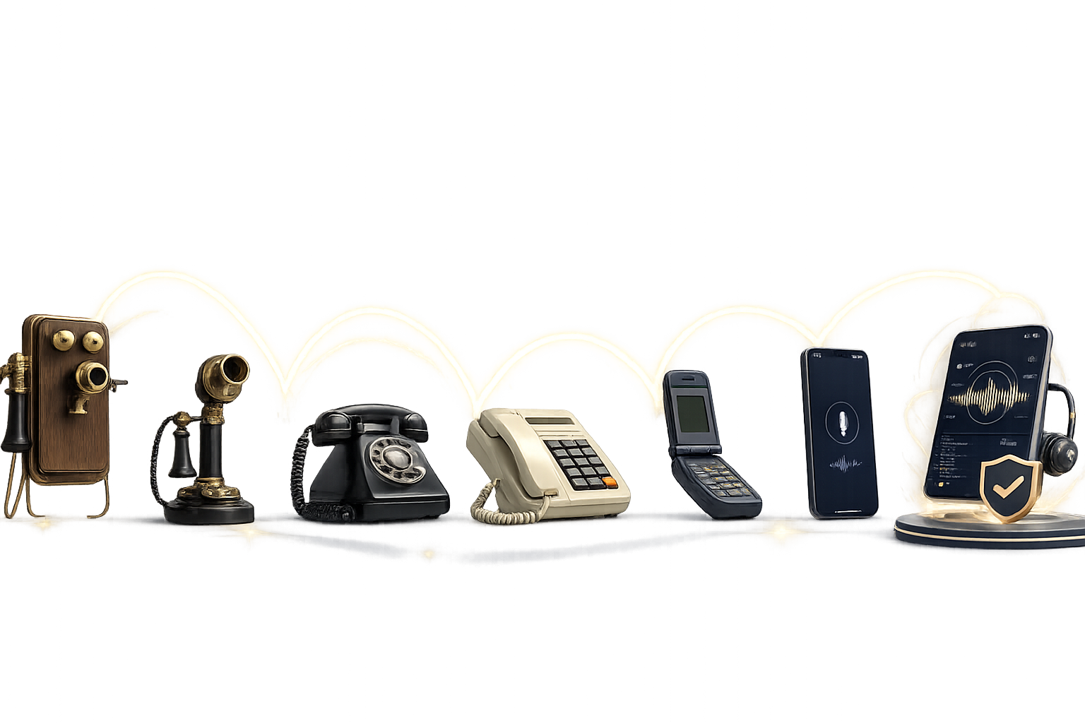 The evolution of the telephone, from a wooden wall phone through rotary, cordless and flip phones to a modern AI voice agent
