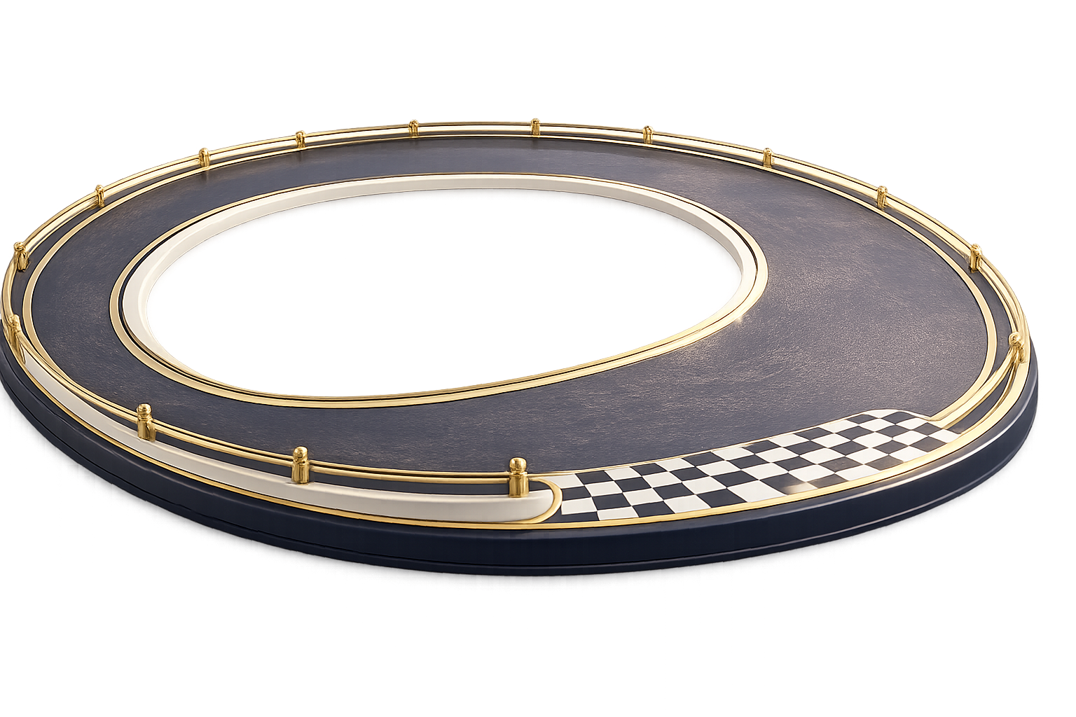 A miniature racetrack with a checkered start and finish line